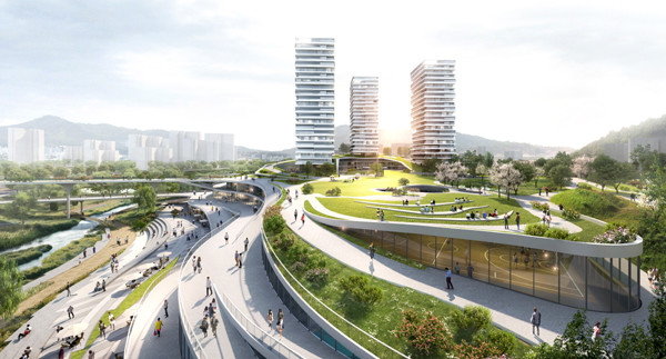 서울시가 지하에 장지 버스공영차고지를 넣고 그 위에 생활SOC와 도시숲, 3동의 행복주택을 조성하는 국제설계 공모 당선작을 발표했다. 사진은 장지차고지 입체화 투시도.