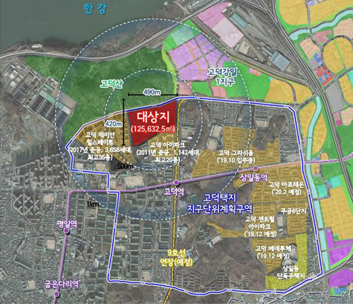 서울시는 22일 제5차 도시·건축공동위원회를 열어 재건축이 무산된 강동구 고덕1동 510번지 일대 고덕택지 지구단위계획 결정 변경안을 수정 가결했다. 사진은 위치도.