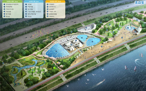 서울시가 오는 2022년 6월 개장을 목표로 잠실한강공원 수영장을 사계절 이용 가능한 친환경 복합 나들이 공간으로 조성한다. 사진은 자연형 물놀이장으로 탈바꿈하는 잠실 한강수영장 조감도.