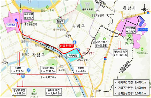 서울시는 국제교류복합지구 개발 등으로 인한 전력수요 증가 및 대규모 정전 예방을 위해 강남∼송파구 6㎞ 구간에 터널형 전력구를 설치한다. 사진은 위치도.