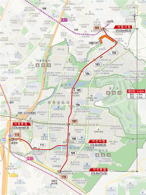 서울시는 국토부의 위례선 트램 기본계획 승인에 따라 올해 기본 및 실시설계를 거쳐 내년 하반기 착공에 들어가 2024년 완공할 예정이다. 사진은 위례선 트램 노선도.