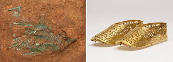 한성백제박물관이 화성시 요리 고분군에서 출토된 백제시대 금동 관모(사진 위 왼쪽 출토-오른쪽 재현품)와 금동 신발(사진 아래 왼쪽 출토-오른쪽 재현품)을 공개하는 특별전시회를 6월27일까지 개최한다.