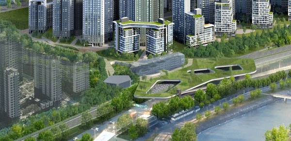 서울시는 반포주공1 재건축 공공기여로, 주거지와 한강을 직접 연결하기 위해 올림픽대로 상부에 덮개공원을 조성한다. 사진은 조감도.